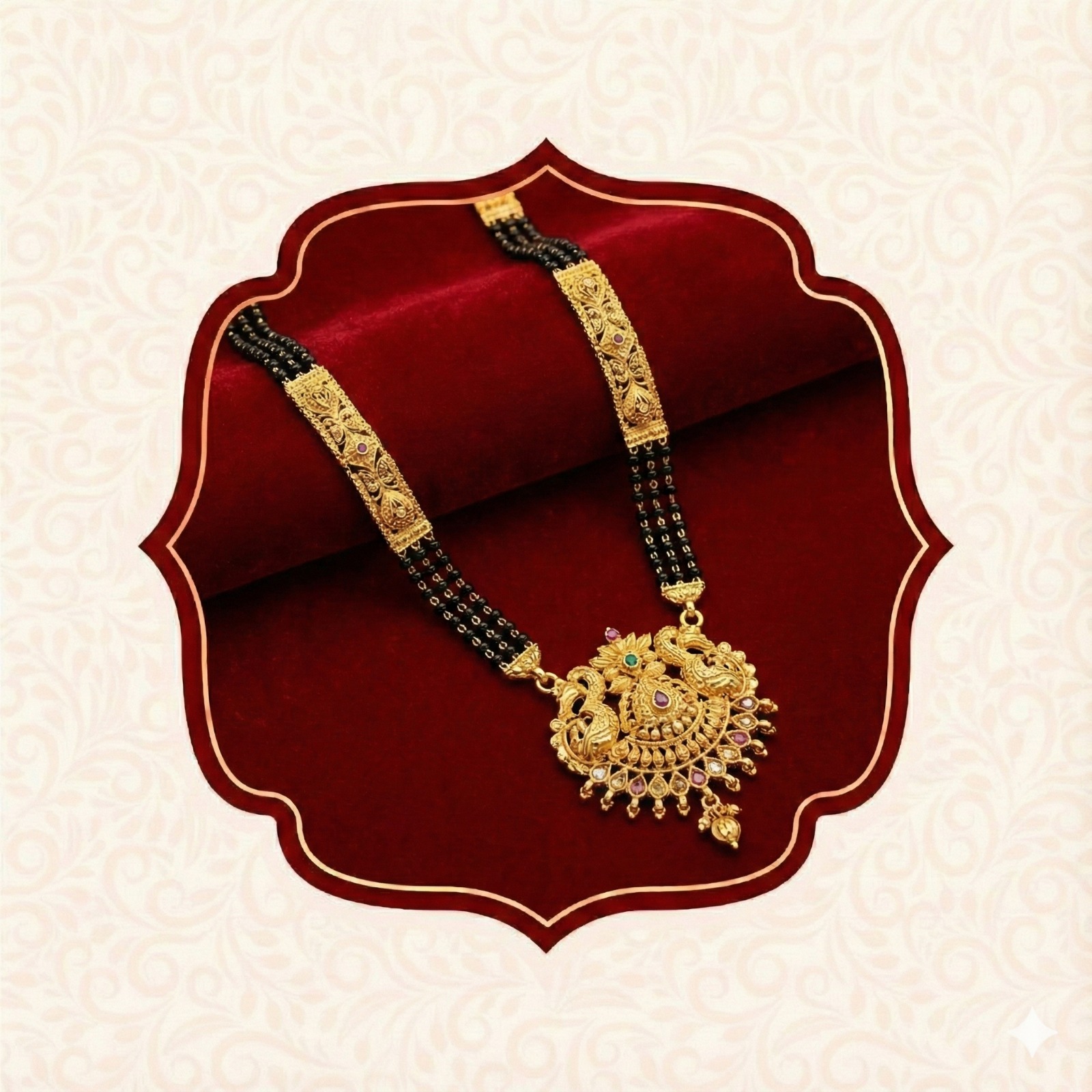 Traditional Peacock Design Gold-Plated Mangalsutra with Black Beads